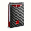 A black slim bi-fold wallet with a red interior and RFID protection feature.