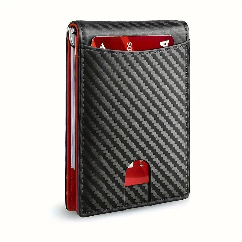 A black slim bi-fold wallet with a red interior and RFID protection feature.