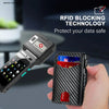 A hand holds a black carbon fiber slim RFID protection wallet with a red card inside, demonstrating RFID blocking technology.