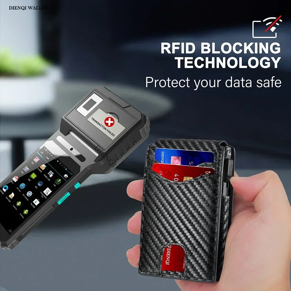 A hand holds a black carbon fiber slim RFID protection wallet with a red card inside, demonstrating RFID blocking technology.