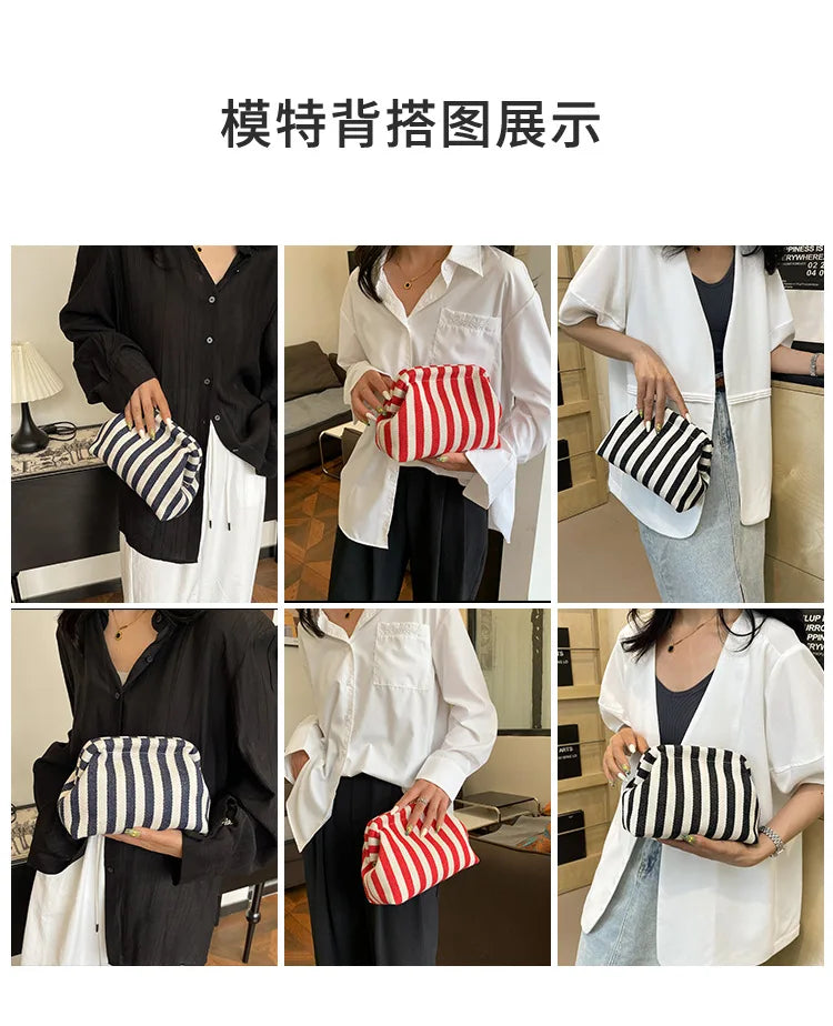 A display showing various styles of crochet handbags for women, including striped and solid designs.