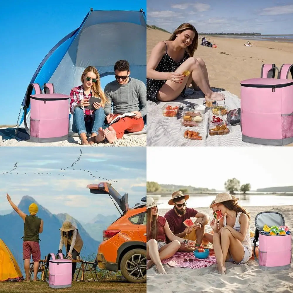 A woman is sitting on a pink insulated cooler backpack outdoors with food and a large orange van in the background.