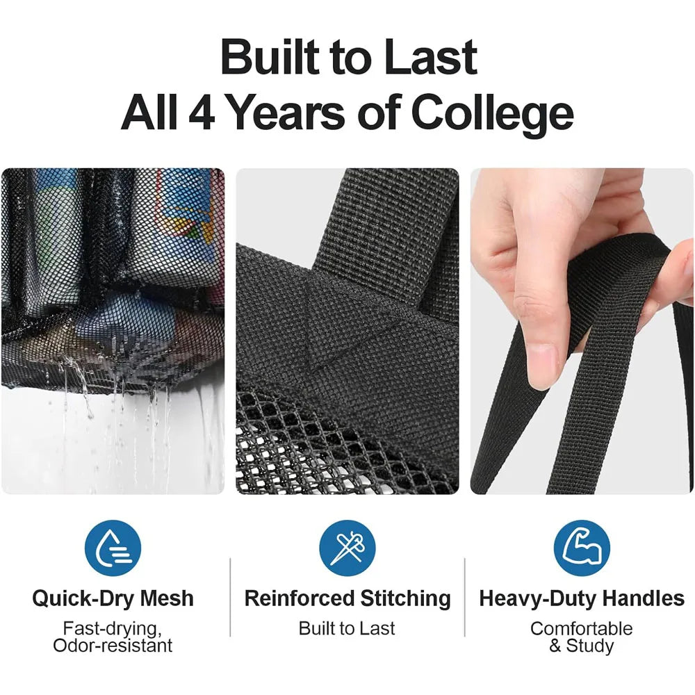 Black portable mesh shower caddy with reinforced stitching and heavy-duty handles for college use