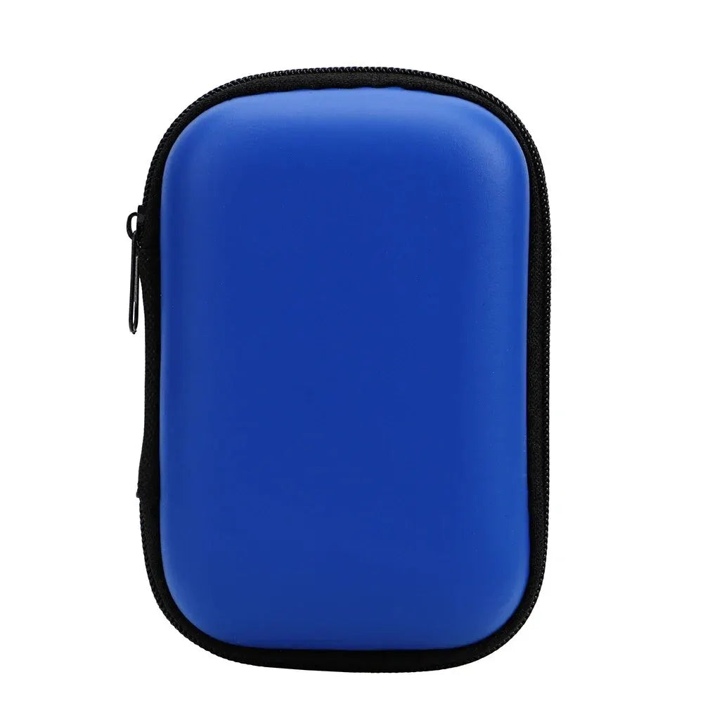 Sac de rangement portable bleu avec fermeture éclair noire et bord élastique.