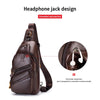 A brown genuine leather crossbody messenger bag featuring a convenient hidden headphone jack design.
