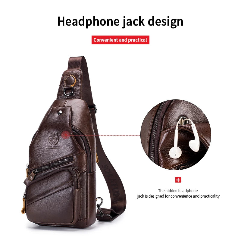 A brown genuine leather crossbody messenger bag featuring a convenient hidden headphone jack design.