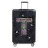 A black luggage protection cover with a silver handle and purple text featuring various performing arts and theater terms.