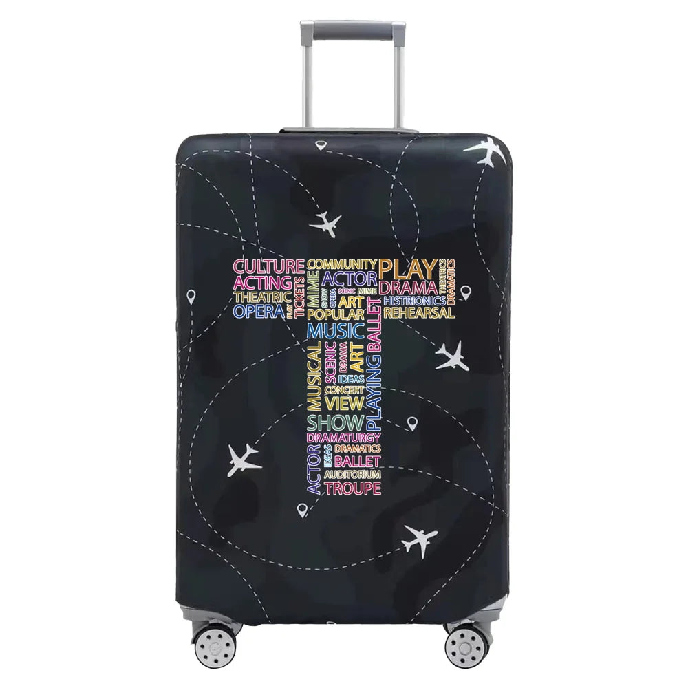 A black luggage protection cover with a silver handle and purple text featuring various performing arts and theater terms.