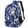 A blue and white patterned backpack designed for laptop and daily carry.