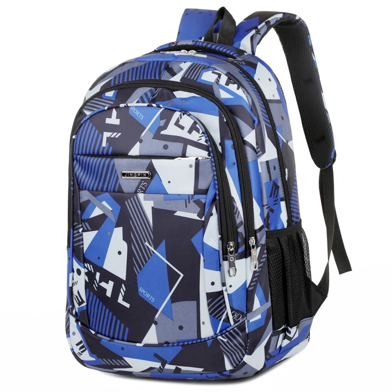 A blue and white patterned backpack designed for laptop and daily carry.