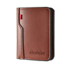 A brown leather credit card wallet with a stitched edge and a red pull tab.