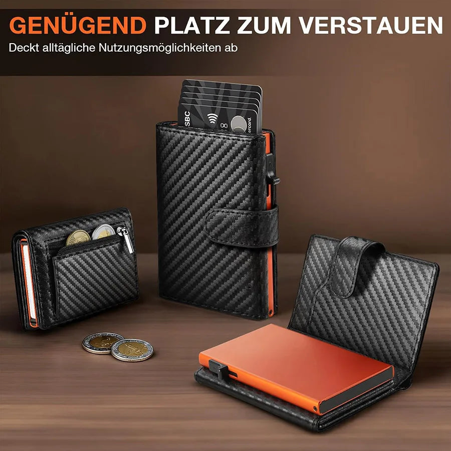 Black men's pop-up wallet with RFID protection displaying cards and cash on a wooden surface