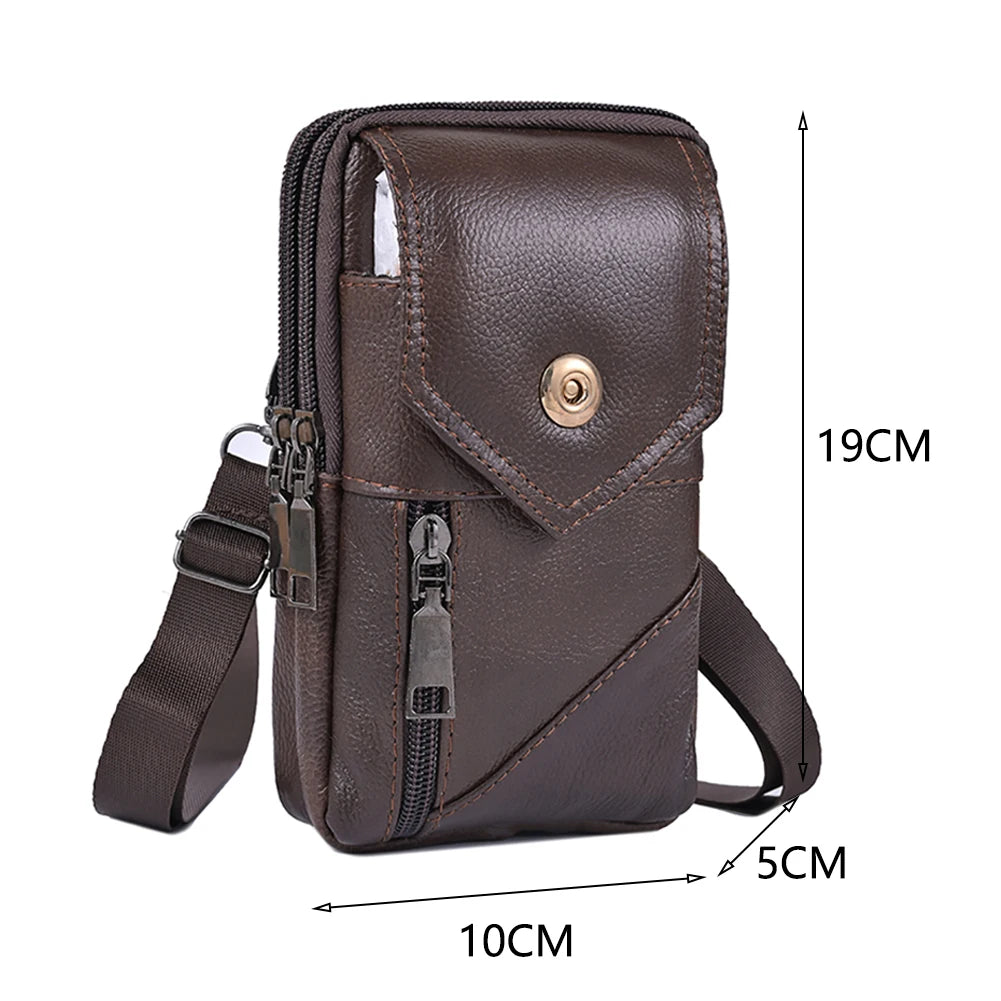 A dark brown vintage cowhide leather crossbody bag shown with dimensions and strap.