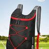 A black outdoor folding backpack with red accents is shown against a green field.
