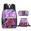 A purple and pink anime character kids backpack with a black mesh back panel.