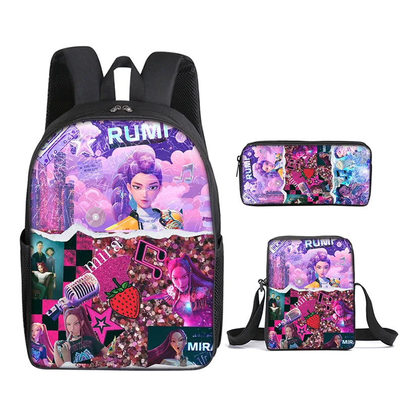 A purple and pink anime character kids backpack with a black mesh back panel.