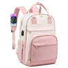 A pink women's fashion laptop backpack with a charging cable attached to the strap.