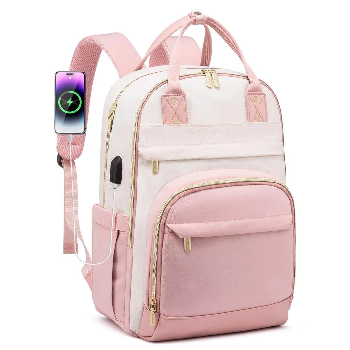 A pink women's fashion laptop backpack with a charging cable attached to the strap.