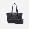 A black geometric 2-in-1 tote bag set featuring a large tote and a smaller pouch.