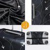 Black stretch fabric luggage protection cover shown in various angles and a folded version.