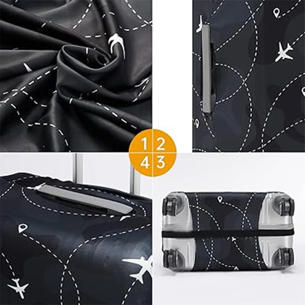 Black stretch fabric luggage protection cover shown in various angles and a folded version.