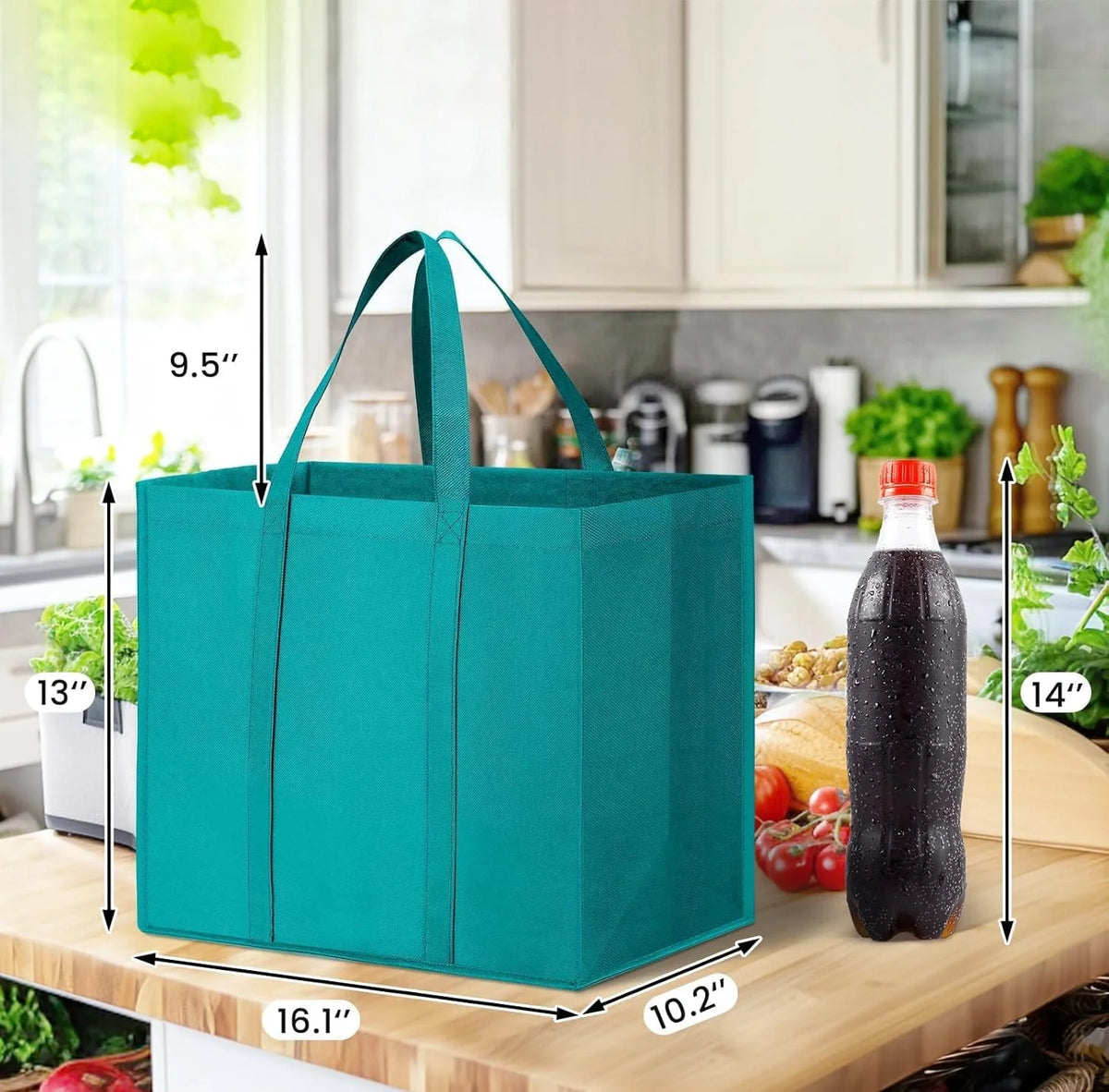A teal reusable foldable grocery tote bag shown with dimensions and context on a wooden surface.