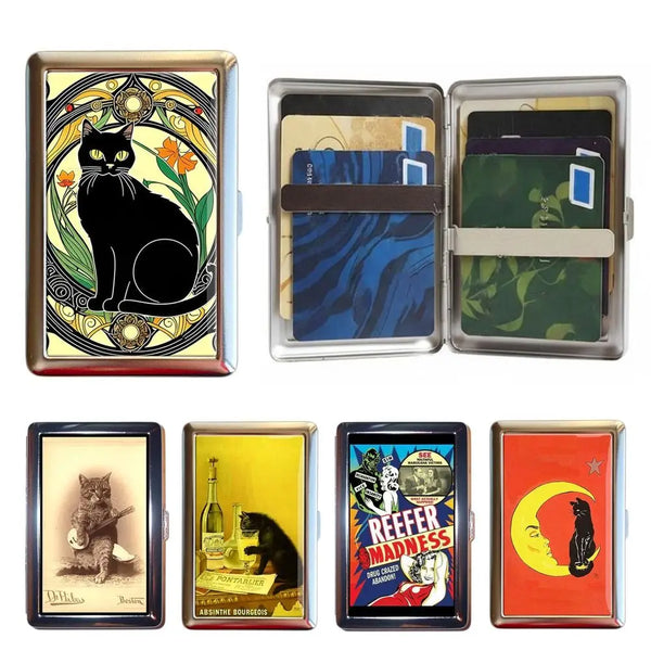 A collection of vintage metal card holders and wallets featuring various designs including cats, nature scenes, and colorful 