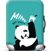 A teal suitcase with a black panda graphic featuring the text Mine not yours, shown on rolling luggage.
