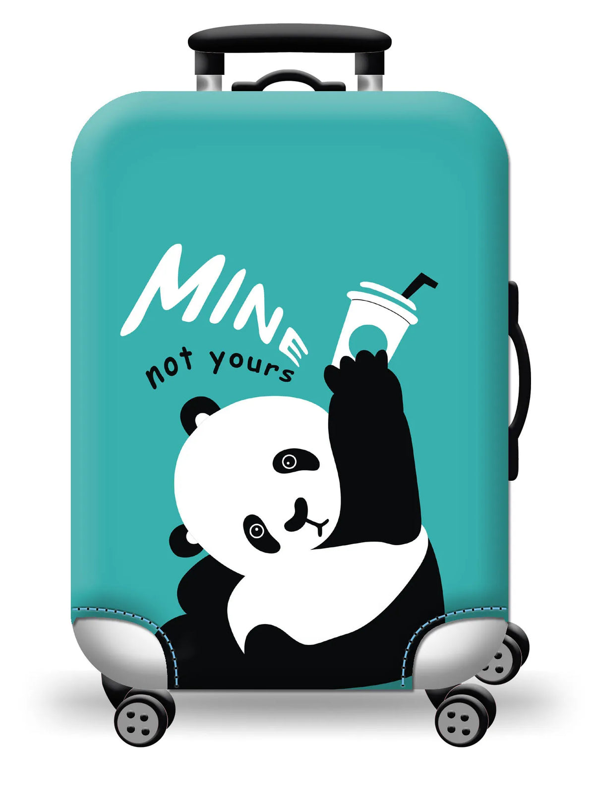 A teal suitcase with a black panda graphic featuring the text Mine not yours, shown on rolling luggage.