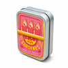 A silver metal storage box with a colorful print of sardines on the lid.
