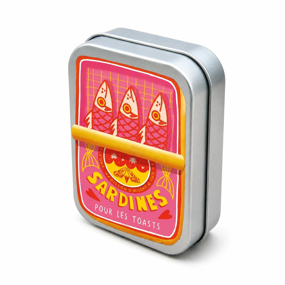 A silver metal storage box with a colorful print of sardines on the lid.