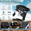Black tactical chest rig vest bag holding various items like a phone power bank water bottle sunglasses wallet and flashlight