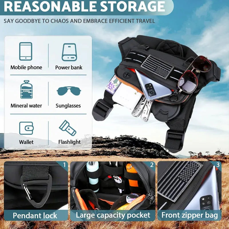 Black tactical chest rig vest bag holding various items like a phone power bank water bottle sunglasses wallet and flashlight