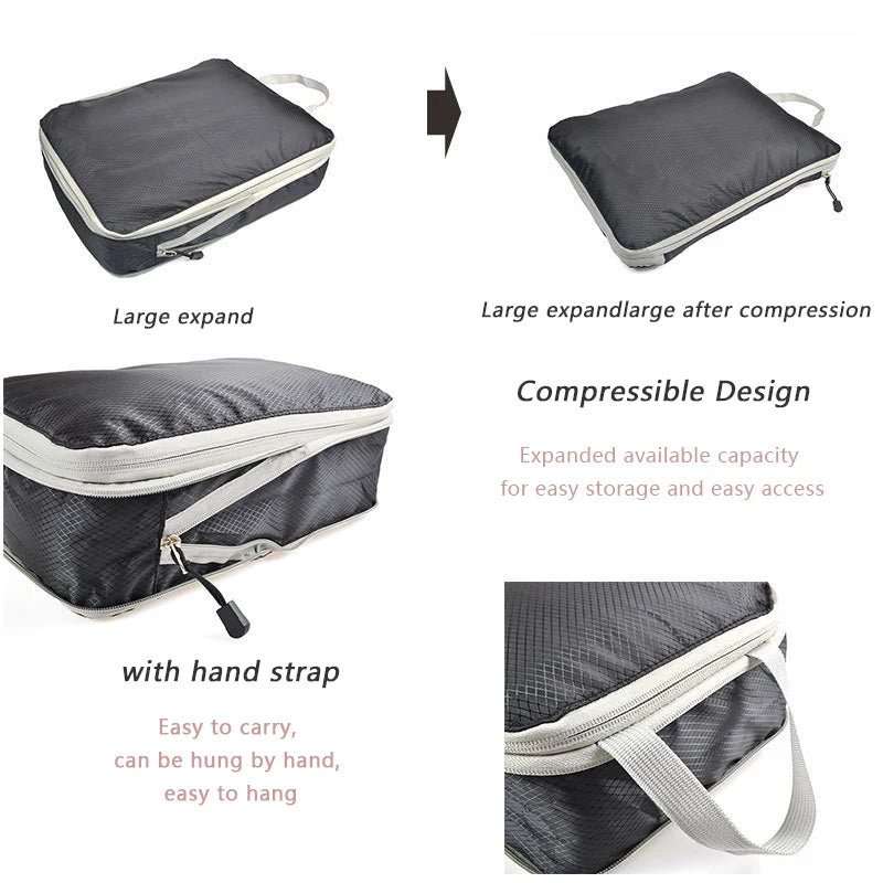 A set of reusable compression packing cubes in black and gray fabric showing various features like expansion and a hand strap