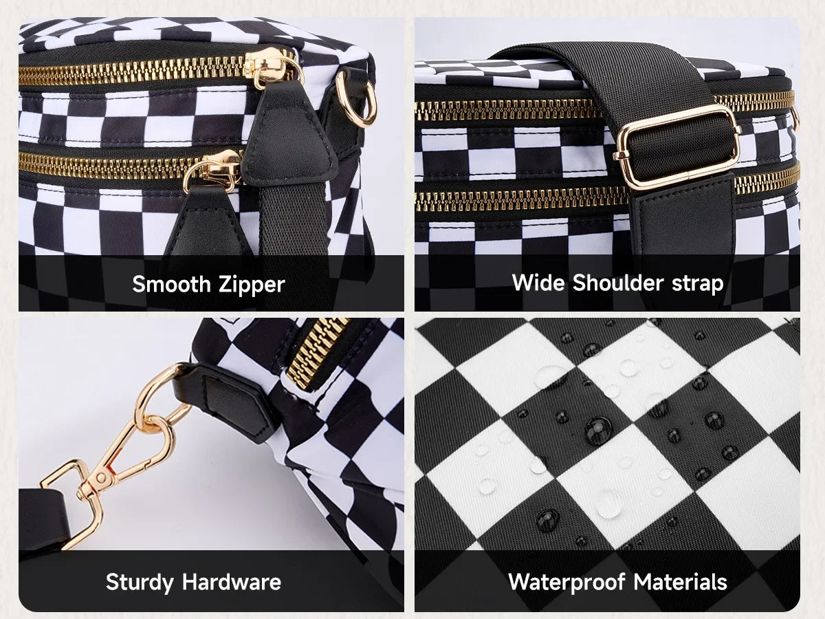 Gepunktetes Crossbody-Beutel mit schwarz-weißem Muster, goldfarbenen Beschlägen und wasserdichten Materialien.