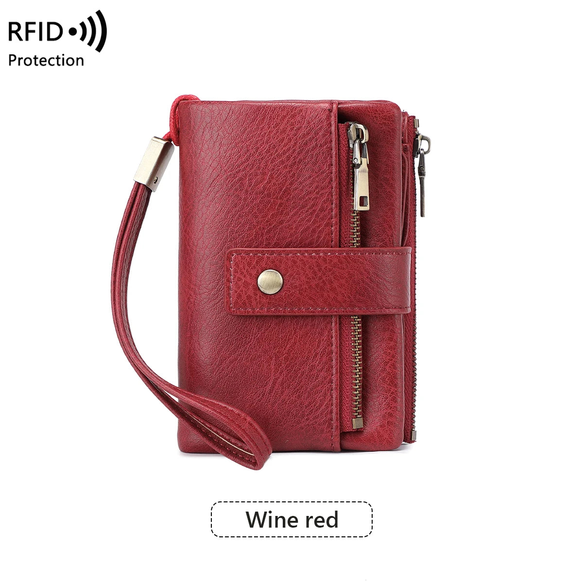 A red leather wallet with a zipper closure and a strap, described as wine red.