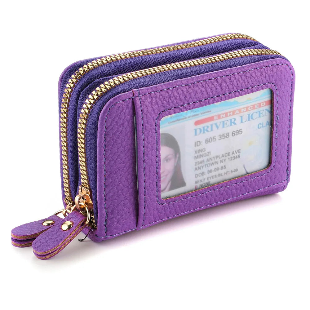 Purple multi-slot PU leather card and ID wallet with gold zipper and identification card inside