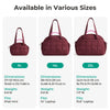 Un set de tres bolsos acolchados tipo puffer de hombro en color granate, con dimensiones y medidas.
