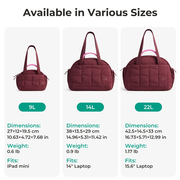 A set of three quilted puffer shoulder bags in maroon color shown with dimensions and fits.