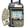 A gray RFID blocking travel passport holder with slots for a passport, ID, and cash.
