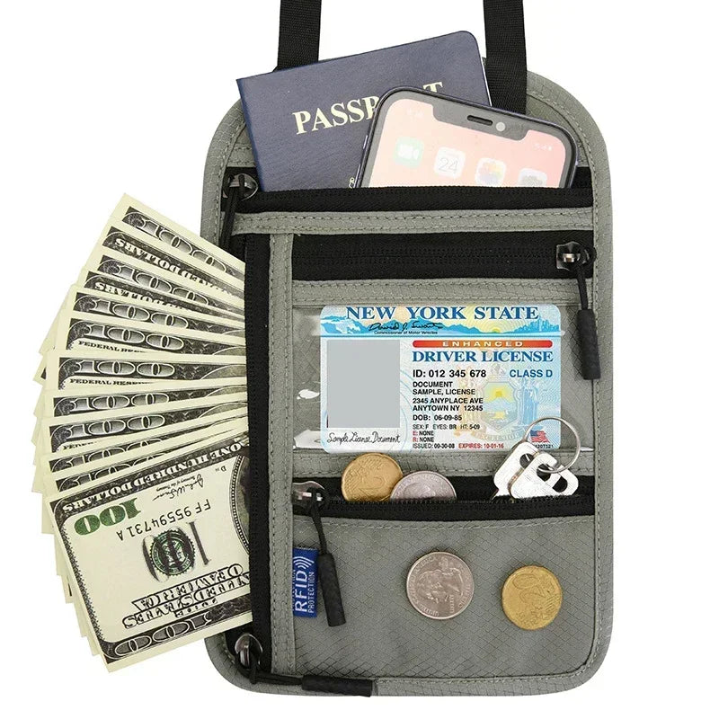 A gray RFID blocking travel passport holder with slots for a passport, ID, and cash.