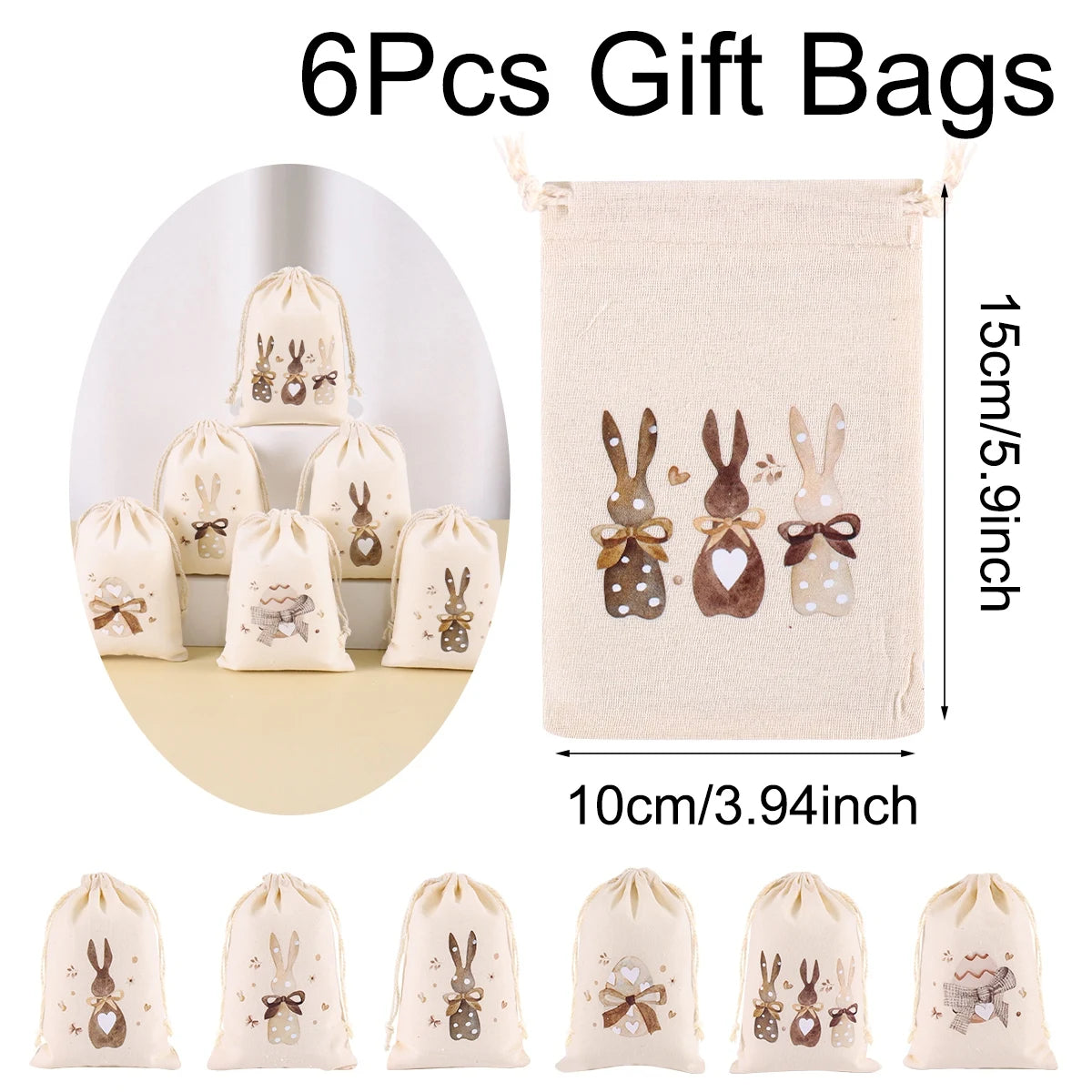 A set of six beige drawstring gift bags featuring embroidered Easter bunny designs.