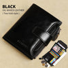 Black oil-waxed leather two fold style wallet with a card slot and cash, next to some coins and paper money.