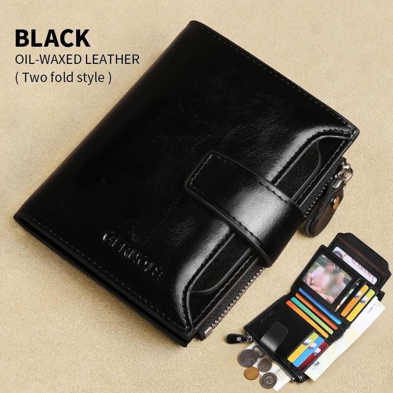 Black oil-waxed leather two fold style wallet with a card slot and cash, next to some coins and paper money.