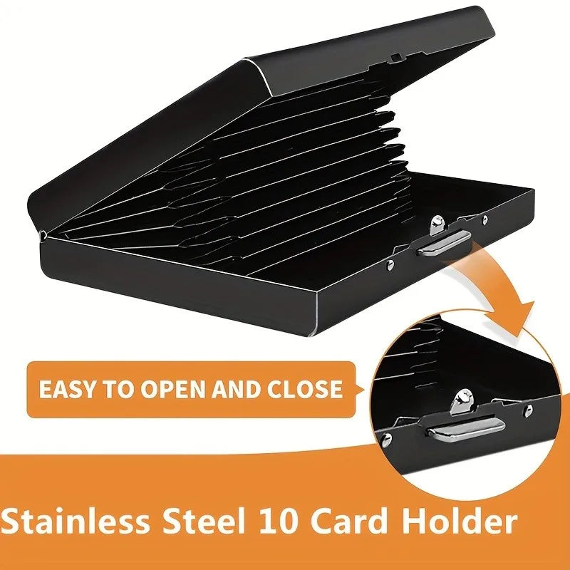 A black stainless steel card holder with a ribbed design shown open and closed.