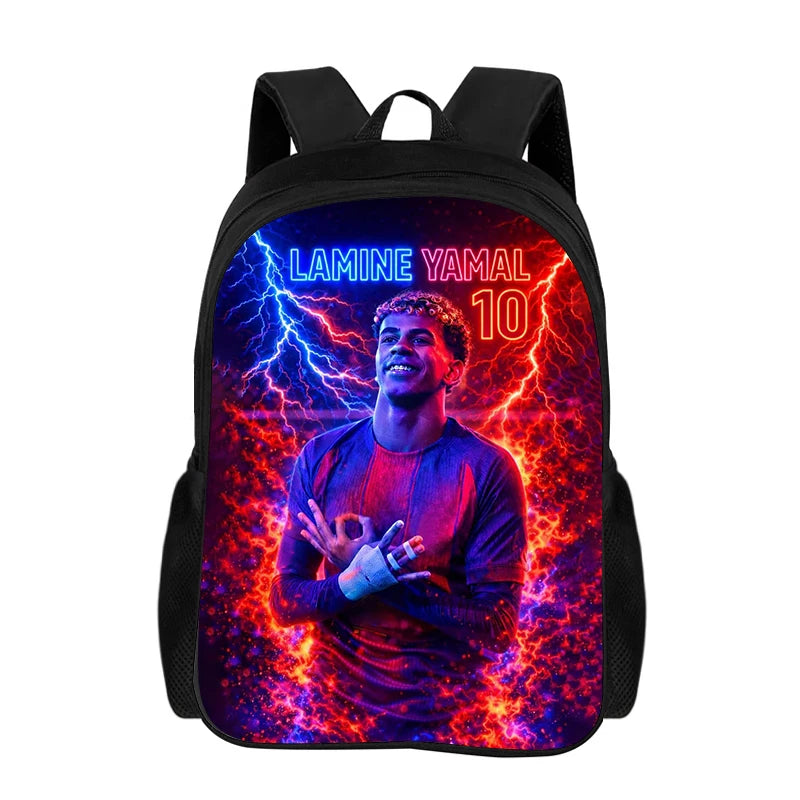 Black backpack featuring a vibrant graphic of a lightning bolt and the text LAMINE YAMAL 10