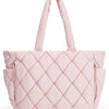 A light pink quilted puffy tote bag with a handle and laptop compartment.