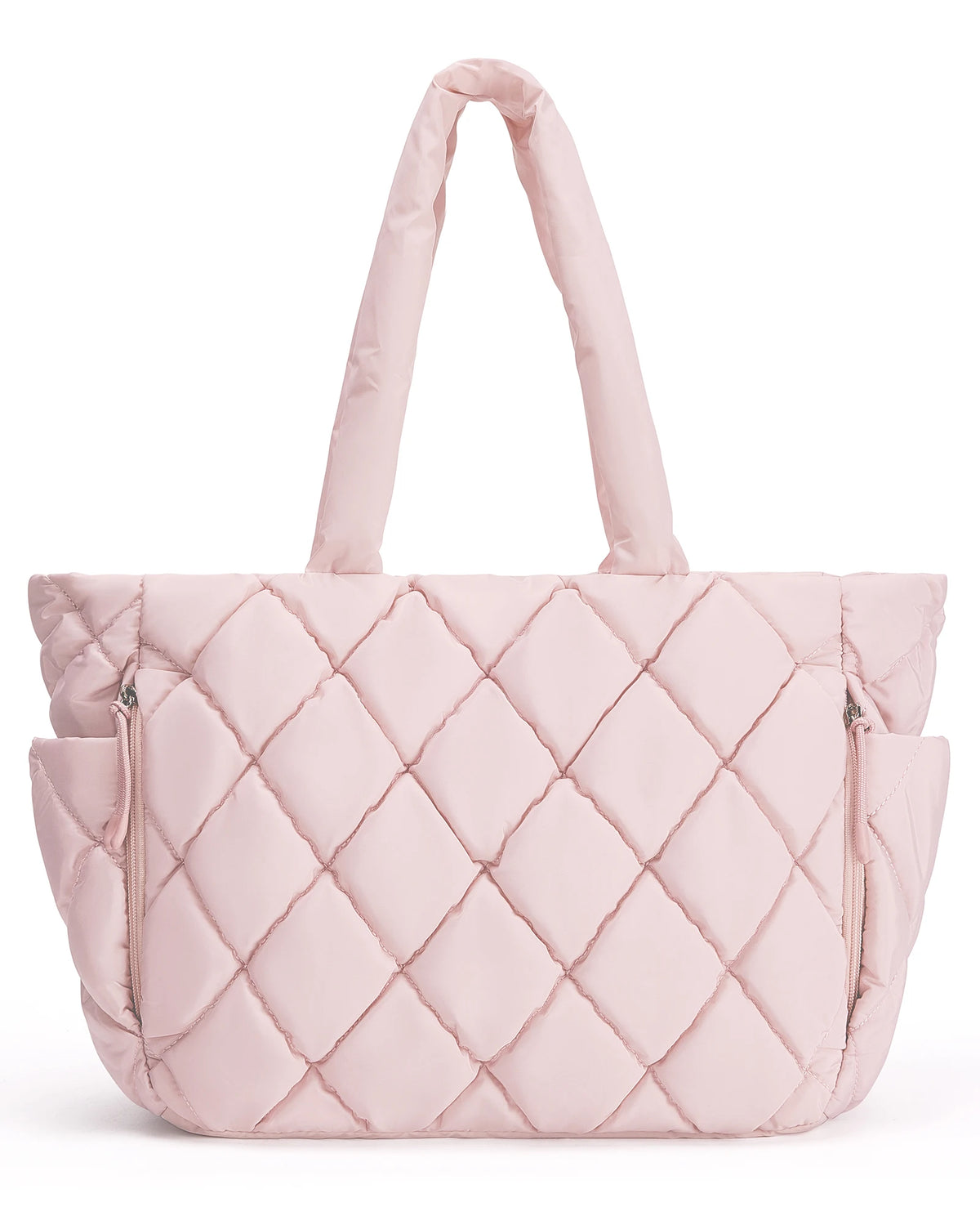 A light pink quilted puffy tote bag with a handle and laptop compartment.