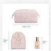 A pink padded makeup bag shown with its dimensions and a separate bottle.