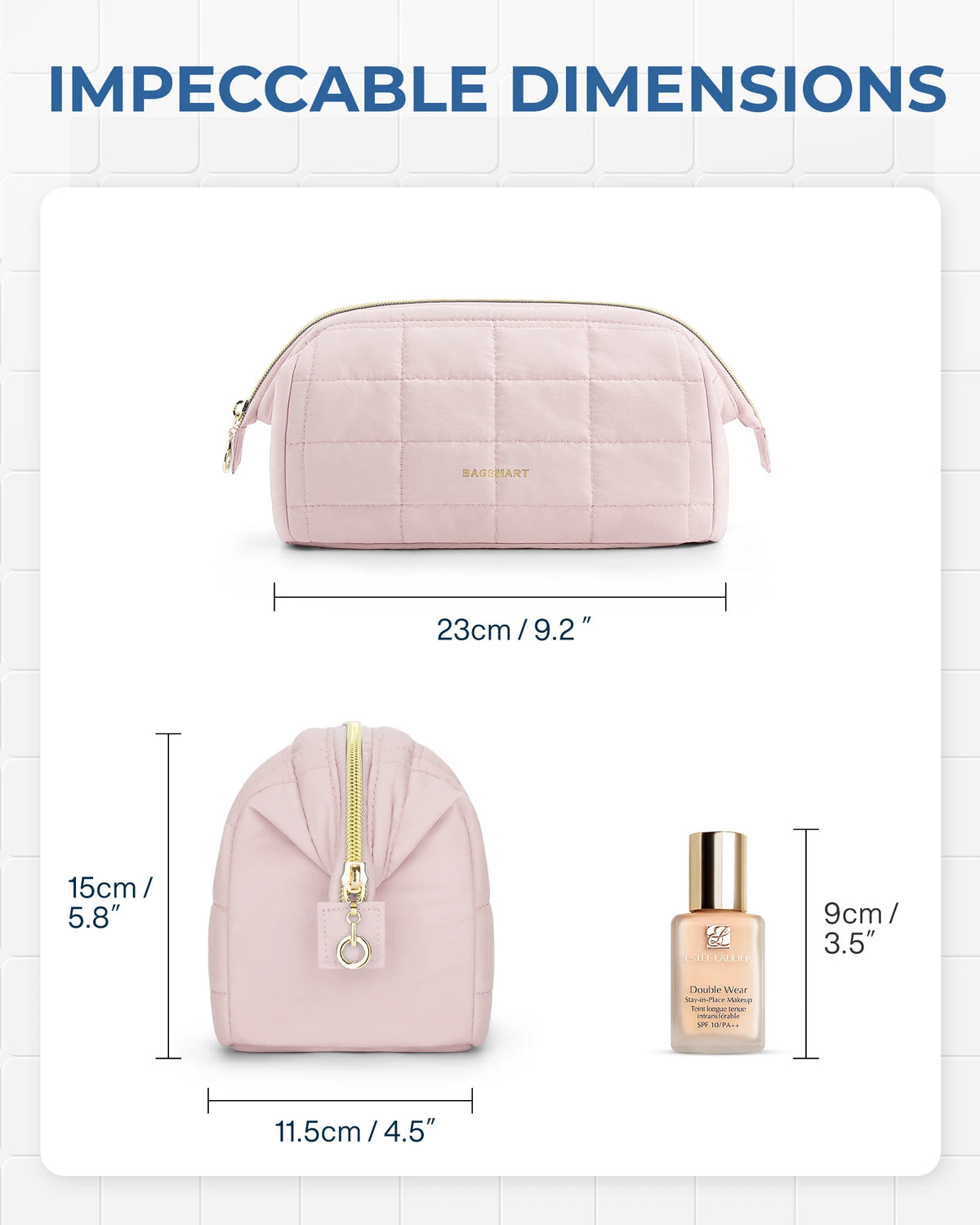 A pink padded makeup bag shown with its dimensions and a separate bottle.